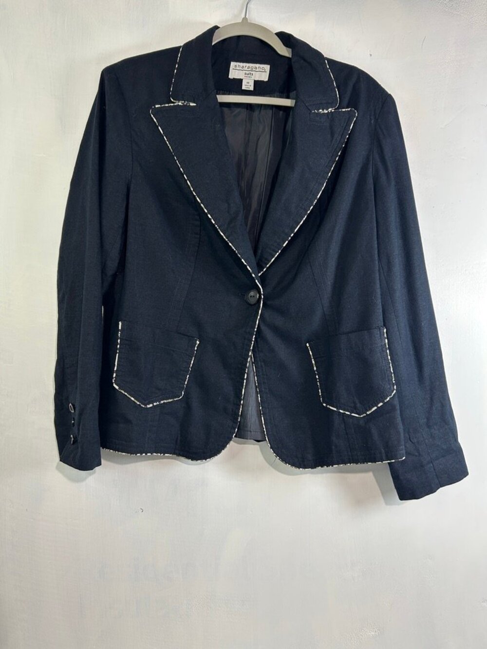 Sharagano Black Linen Blend Blazer Size 14 Coastal Grandmother Quiet Luxury